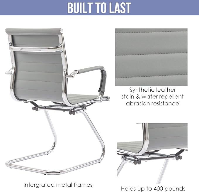 Wahson Office Guest Chairs Set of 6, Leather Reception Chairs, Mid Back Waiting Room Chair, Conference Chairs with Sled Base, Desk Chair No Wheels for Meeting/Lobby/Restroom, Grey