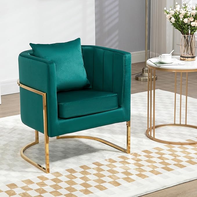 Velvet Modern Accent Chairs Set of 2, Upholstered Barrel Armchair Mid Century with Pillow for Living Room, Comfy Single Vanity Chair with Metal Gold Legs for Bedroom, Green