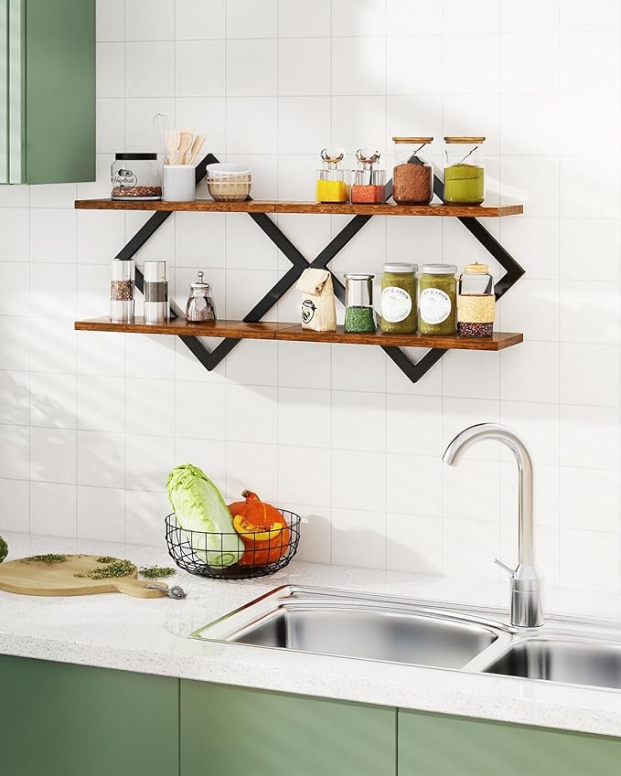 IBUYKE Floating Shelves,15 Inch Wall Shelf Set of 2,Wall Mounted Shelves,2 Tier Hanging Decorative Storage Shelf for Living Room, Bedroom, Bathroom, Kitchen TFS003H-2