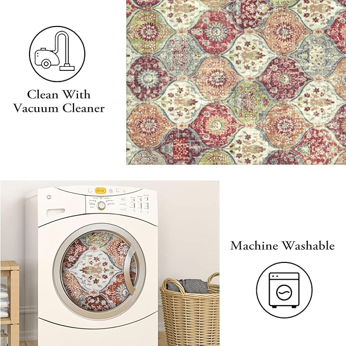 Lahome Moroccan Trellis Washable Round Area Rug, Round Rug 5ft Soft Non-Slip, Non-Shedding Distressed Circle Carpet for Bedroom Living Room Bathroom Nursery Kitchen, Orange/Terracotta