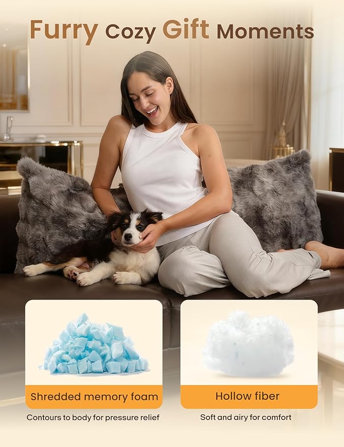 ZonLi Fluffy Bubble Body Pillow – Faux Rabbit Fur Long Pillow for Adults, 20x54 Inch Plush Body Pillow for Sleeping & Lounging, Dual-Sided Soft Cover with Adjustable Memory Foam Filling, Grey