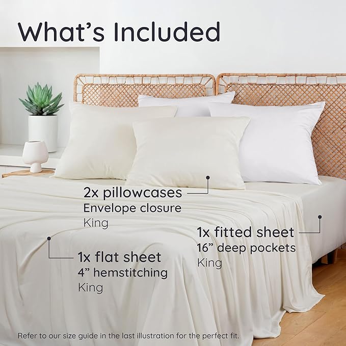 Bambaw 100% Viscose Derived from Bamboo King Size Bed Sheet Set - 4pcs Luxury Cooling Sheets for Hot Sleepers, Soft Sheets, Fits Up to 16'' Deep Pocket (Ivory)