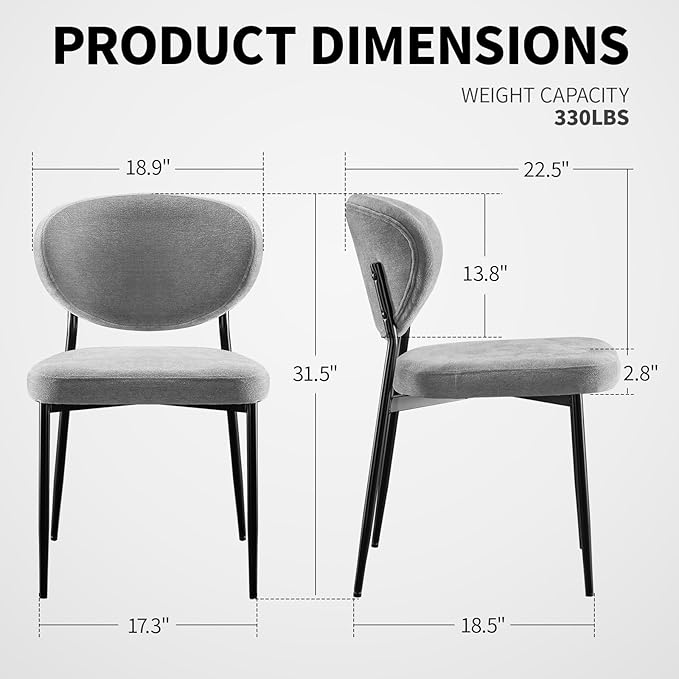 Dining Chairs Set of 2 Chenille Upholstered Dining Room Chairs with Crescent-Shaped Backrest Modern Ergonomic Accent Kitchen Chairs with Swivel Leveling Feet for Bedroom/Vanity Grey
