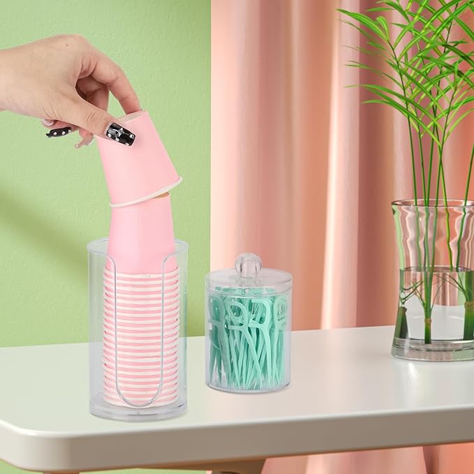 LoveBB 3oz-5oz Bathroom Cup Dispenser with 10oz Qtip Holder Dispenser, Small Disposable Paper Cup Holder Bathroom Accessories for Rinsing/Mouthwash Cups, Clear
