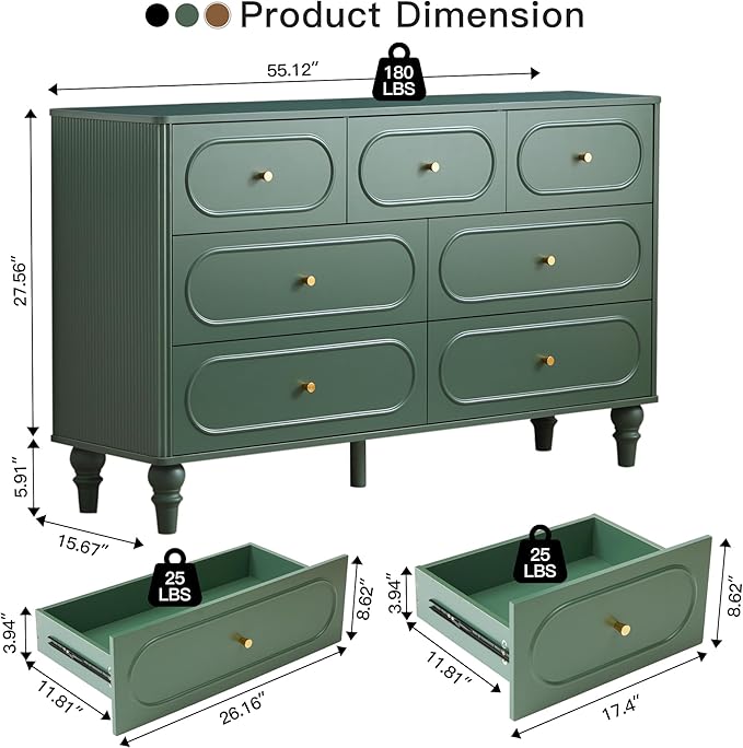 ORRD Fluted 7 Drawer Dresser for Bedroom, Modern Mid Century Chest of Drawers, Wood Storage Large Dresser Organizer for Bedroom Living Room Closet Hallway, Green