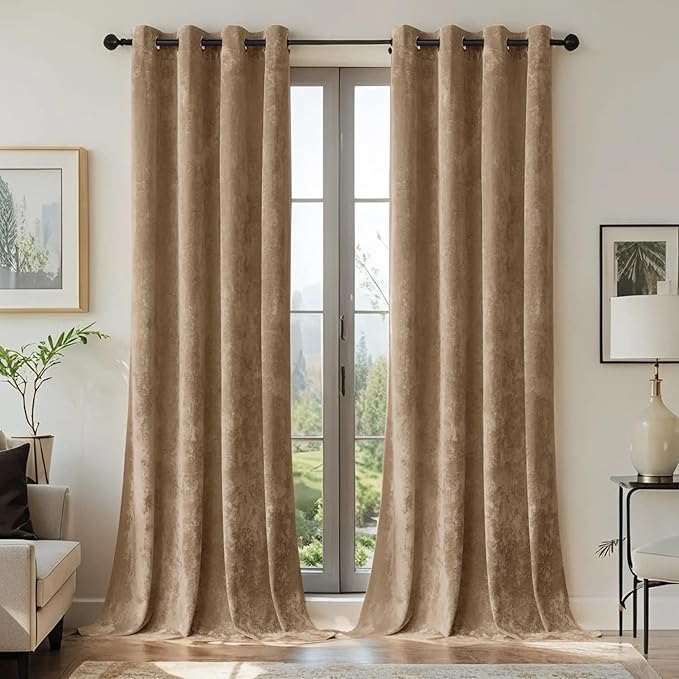 SMILETIME Amber Beige Crushed Velvet Curtains 52x90 inch Luxurious Thermal Insulated Soundproof Drapes for Living Room Bedroom Office Soft and Durable Light-Filtering Window Treatments, 2 Panels