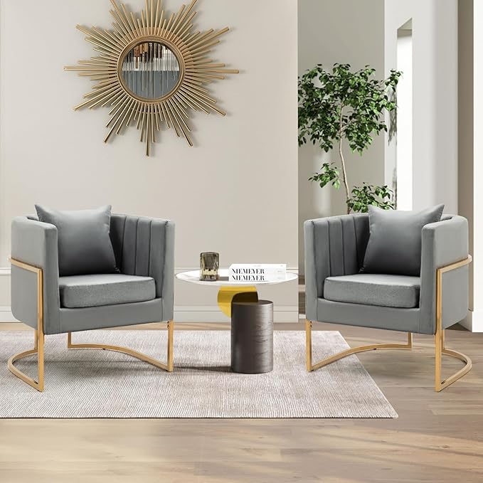 Velvet Modern Accent Chair, Upholstered Barrel Armchair Mid Century with Pillow for Living Room, Comfy Single Vanity Chair with Metal Gold Legs for Bedroom, Grey