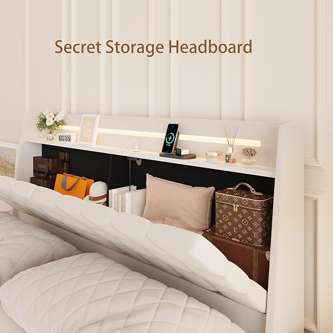 Full Size Floating Bed Frame with LED Lights & Charging Station, Upholstered Platform Bed with Hidden Storage Headboard & Shelves, Space-Saving Modern Bed for Bedroom & Apartment, Beige
