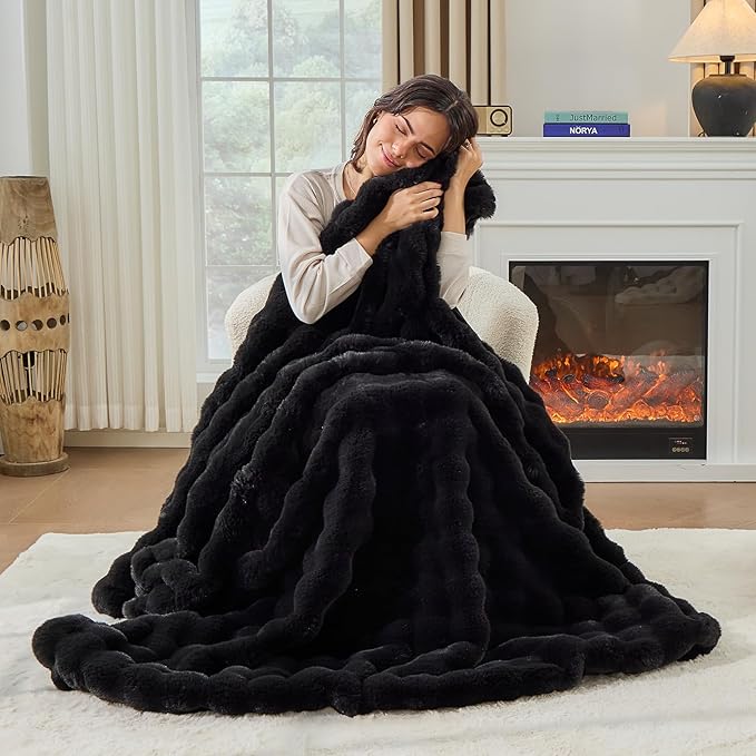 Fluffy Plush Faux Rabbit Fur Throw Blanket - Cozy, Fuzzy Bubble Blanket with Thick, Warm Decorative Fabric for Bed, Sofa (Queen Size 90''x90'', Black)