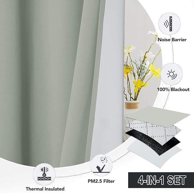 RYB HOME 4-in-1 Dust Filtering Soundproof Blackout Insulating Privacy Window Curtains for Nursery Bedroom Living Room Rivider Sound Absorption Sheet, Sage Green, W52 x L95 inch, 2 Panels