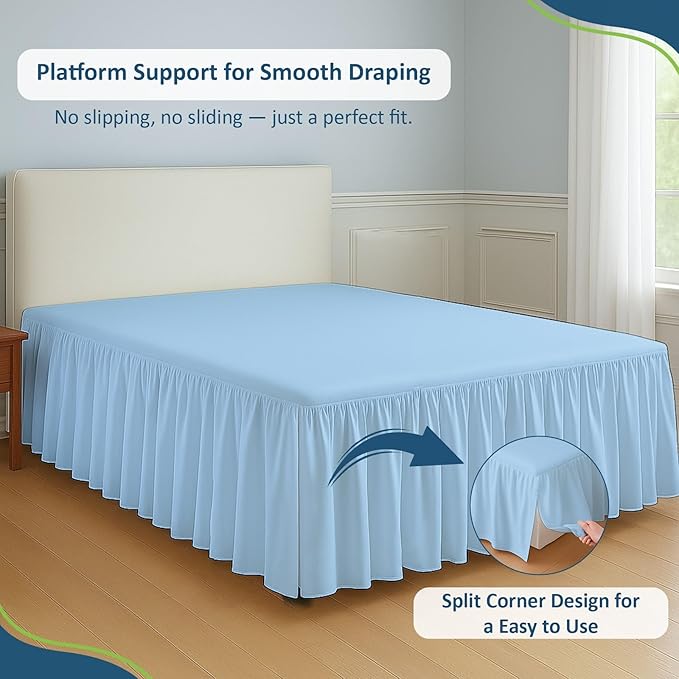 Rajlinen Ruffled Bed Skirt Full, 24 Inch Drop Dust Ruffle with Split Corners, 100% Microfiber Bedskirt with Platform, Three-Sided Coverage Ruffled Gathering Design, Light Blue