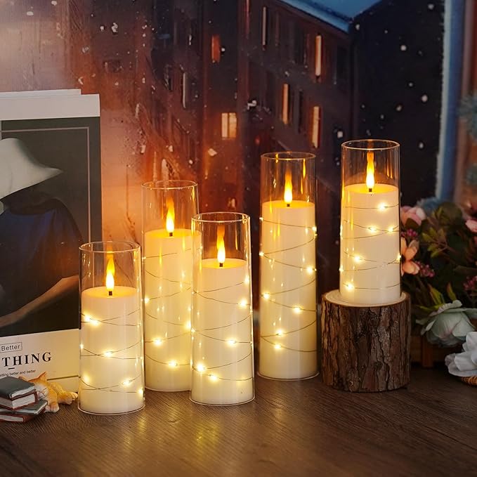 Flameless LED Candles with Timer 5 Pc Flickering Flameless Candles for Romantic Ambiance and Home Decoration Stable Acrylic Shell,with Embedded Star String，Battery Operated Candles（White）