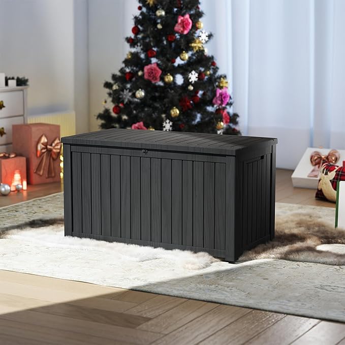 200 Gallon Outdoor Storage Box Waterproof, Resin Deck Boxes with Lockable Lid & UV-Resistant for Patio, Pool, Garden Furniture Cushions & Accessories, Black