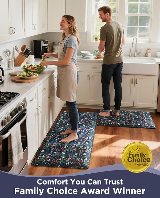 Ophanie Kitchen Mats for Floor, 3/4 inch Thick, 20x39 Anti Fatigue Cushioned Mat, Kitchen Rugs, Waterproof, Comfort Ergonomic Standing Mat for Office, Home, Sink, Blue Flower Non-Slip Ridged Bottom
