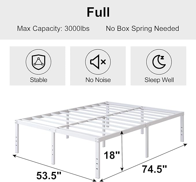 18 Inch White Full Size Bed Frame Heavy Duty Metal Platform No Box Spring Needed, Maximum Storage, Easy Assembly, Noise Free