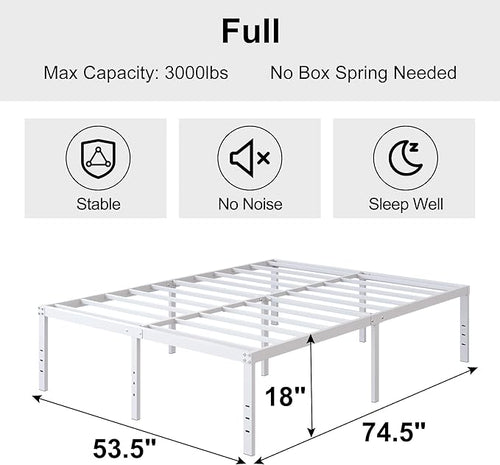 18 Inch White Full Size Bed Frame Heavy Duty Metal Platform No Box Spring Needed, Maximum Storage, Easy Assembly, Noise Free