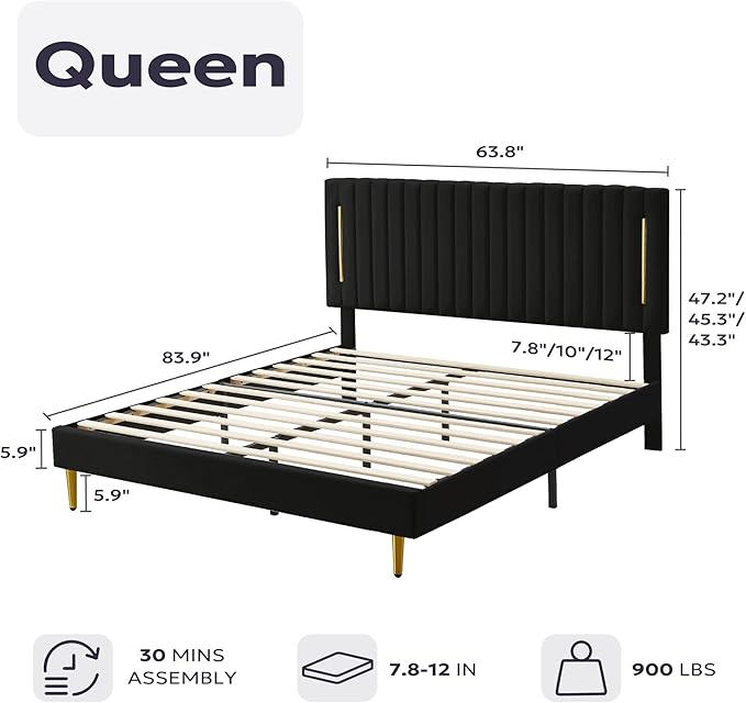 Queen Platform Bed Frame, Velvet Upholstered Bedframe with Vertical Channel Adjustable Headboard, Golden Plating Trim, Mattress Foundation with Wooden Slats, No Box Spring Needed, Black