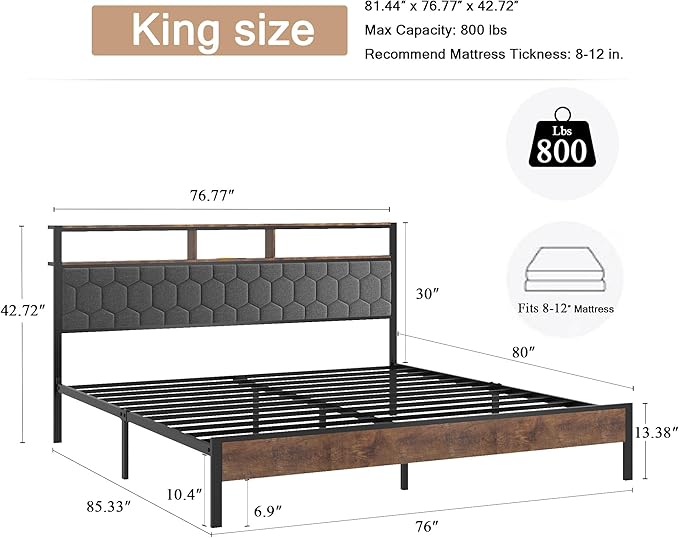 King Size Bed Frame with Storage Headboard & Charging Station, Platform Bedframe with LED Lights, Upholstered Headboard, Metal Slat Support, No Box Spring Needed