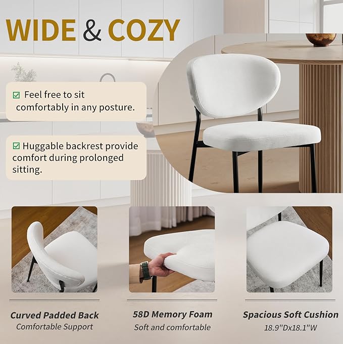 Upholstered Dining Chairs Set of 2 Modern Chenille Dining Room Chairs Wide Cushion with 58D Memory Foam Ergonomic Wingback Kitchen Chairs with Black Metal Leg for Living Room/Bedroom White