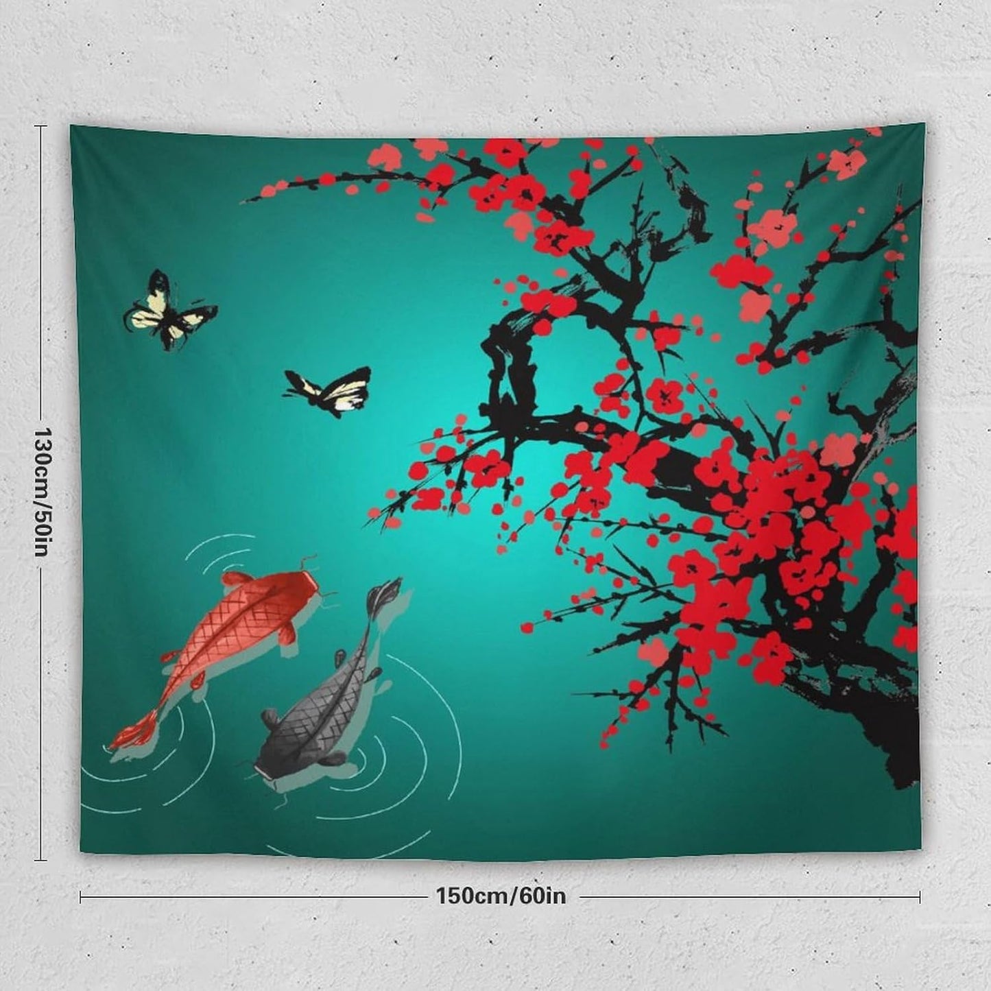Houselerax Japanese Koi Fish Tapestry, Cherry Blossoms Asian Oriental Green Teal Floral Branch Koi Fish Carp Tapestries Wall Hanging for Bedroom Living Room Office Decor 60"x50"