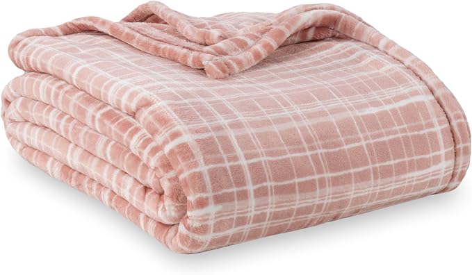 Berkshire Blanket-Classic Heavyweight Soft Printed VelvetLoft® Plush Warm Blanket, Twin Size Soft Fuzzy Blanket for Couch Sofa Bed, Watercolor Plaid Blush, 60in x 90in