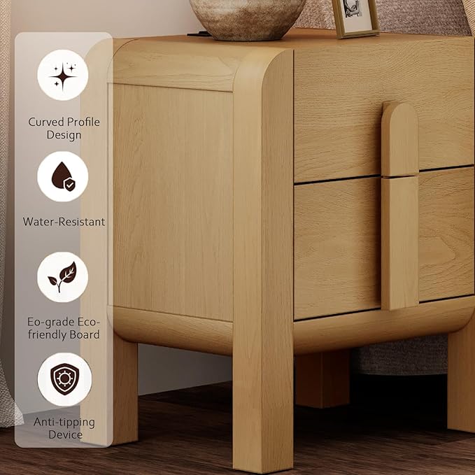 WAMPAT 23.7" Tall Modern Nightstands Set of 2, Wood Nightstand with Charging Station, Bedside Table w/2 Storage Drawers, Curved Profile Design, Sofa Side Table Accent Table for Bedroom, Oak