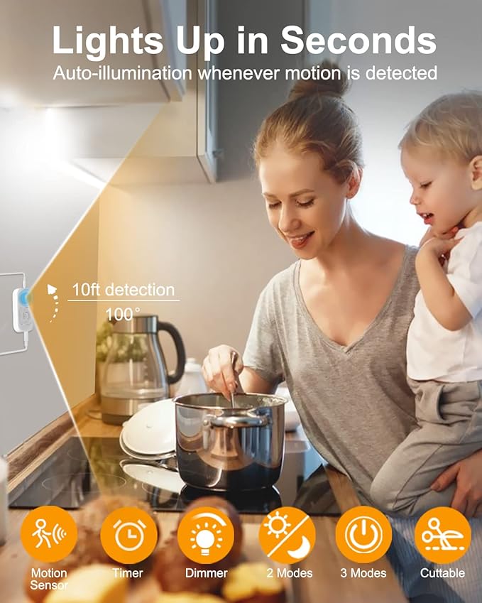 Motion Sensor Led Light Strip - Under Cabinet Lighting with Power Adapter, 6 Adjustable Brightness and Timing, Light Strips for Kitchen Cabinets, Stair, Showcase, Bedroom, 16.4ft 3000K WarmWhite