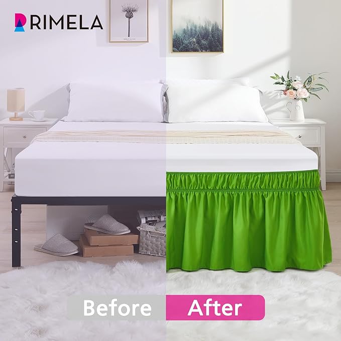 RIMELA Green Bed Skirt Queen Size 18 Inch Drop, Elastic Bed Skirting for Bed Base and Frame, Bedding Dust Ruffle Easy to Install, Lightweight Wrap Around Adjustable Bedskirt