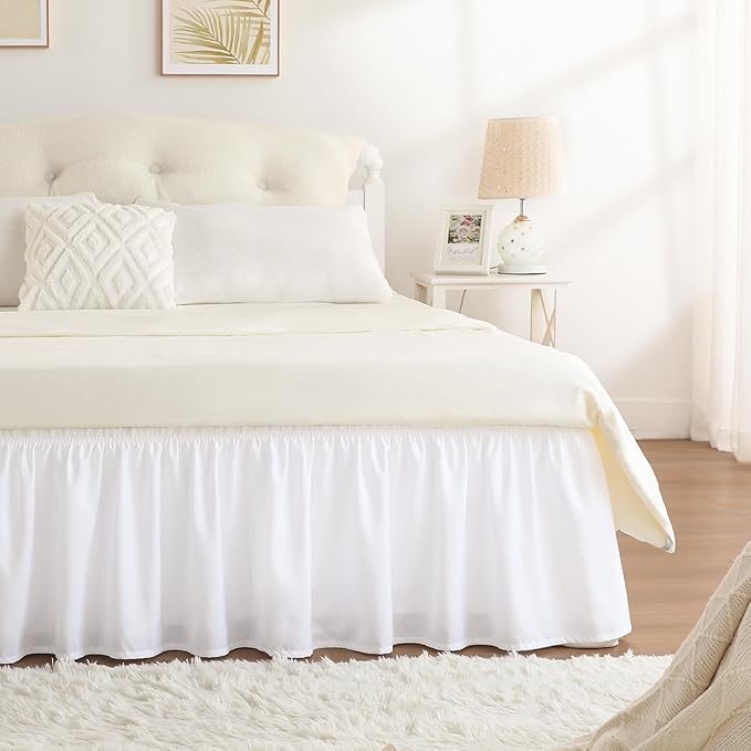 RIMELA Bed Skirting Queen Size White Bed Skirt 21 Inch Drop, Wrap Around Elastic Adjustable Bedskirt, Dust Ruffle for Bed Frame & Box Spring Soft Durable Fabric Machine Washable Easy to Install