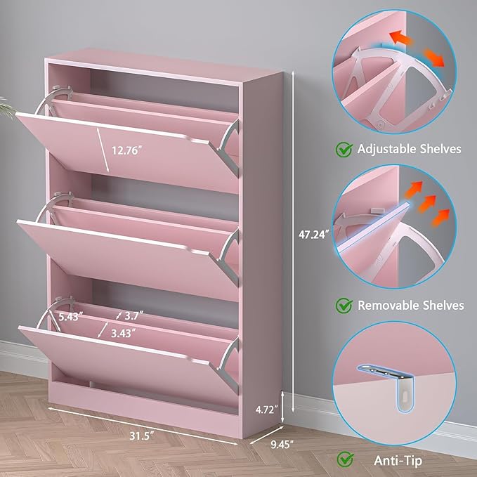 Shoe Cabinet with 3 Flip Drawers, Hidden Wood Shoe Cabinet,Freestanding Shoe Storage Cabinet for Entryway Hallway.White. 47.2" H*31.5" W*9.45" D (Pink)