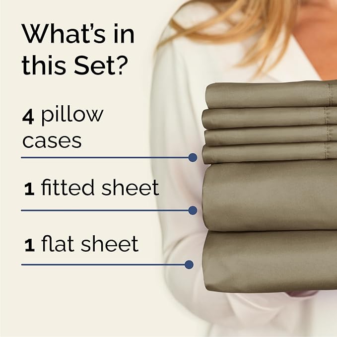 Cal King 6 Piece Sheet Set - Cooling, Comfy & Breathable - Hotel Luxury Bedding, Includes Fitted Sheet for Women, Men, Kids & Teens - 1 Flat, 1 Fitted Sheet, 4 Pillowcases with Deep Pockets - Khaki