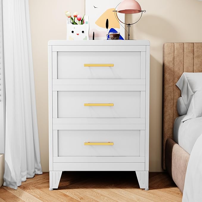 Metal Small Dresser for Bedroom, White Dressers & Chest of Drawers, 3 Drawer Dresser with Curved Corner, Storage Cabinet for Living Room, Entryway, Home Office (White, 24" W)