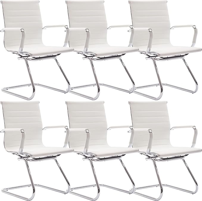 Wahson Office Guest Chairs Set of 6, Leather Reception Chairs, Mid Back Waiting Room Chair, Conference Chairs with Sled Base, Desk Chair No Wheels for Meeting/Lobby/Restroom, White