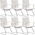 Wahson Office Guest Chairs Set of 6, Leather Reception Chairs, Mid Back Waiting Room Chair, Conference Chairs with Sled Base, Desk Chair No Wheels for Meeting/Lobby/Restroom, White