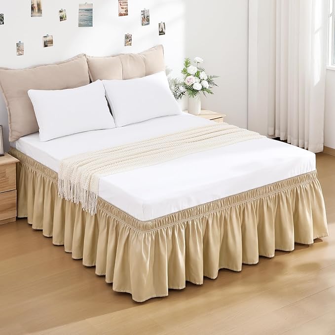 RIMELA Beige Bed Skirt Queen Size 18 Inch Drop, Wrap Around Elastic Bedskirt, Dust Ruffle for Adjustable Bed Base Machine Washable Easy to Install Bed Skirts
