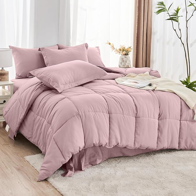 JOLLYVOGUE King Comforter Set, Ultra-Soft Bed in a Bag King Size 7 Pieces, Oeko-TEX Certified Bedding Set with Down Alternative Comforter, Sheets, Pillowcases & Shams, Camio Pink