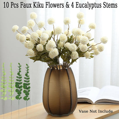 Faux White Kiku Flower, 10 Stems with 5 Heads Each & 4 Branches Eucalyptus Stems, Artificial Small Mini Chrysanthemum Flowers for Aesthetic Room Decor, Floral Arrangements Centerpiece