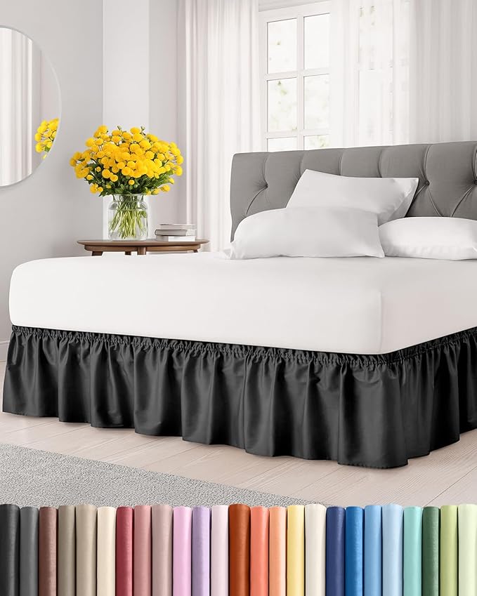 Wrap Around Dust Ruffle Bed Skirt - Black - for King Size Beds with 15 Inch Drop - Easy Fit Elastic Strap - Adjustable Pleated Bedskirt w/Brushed Fabric - Wrinkle Free - for Women, Men, Kids & Teens