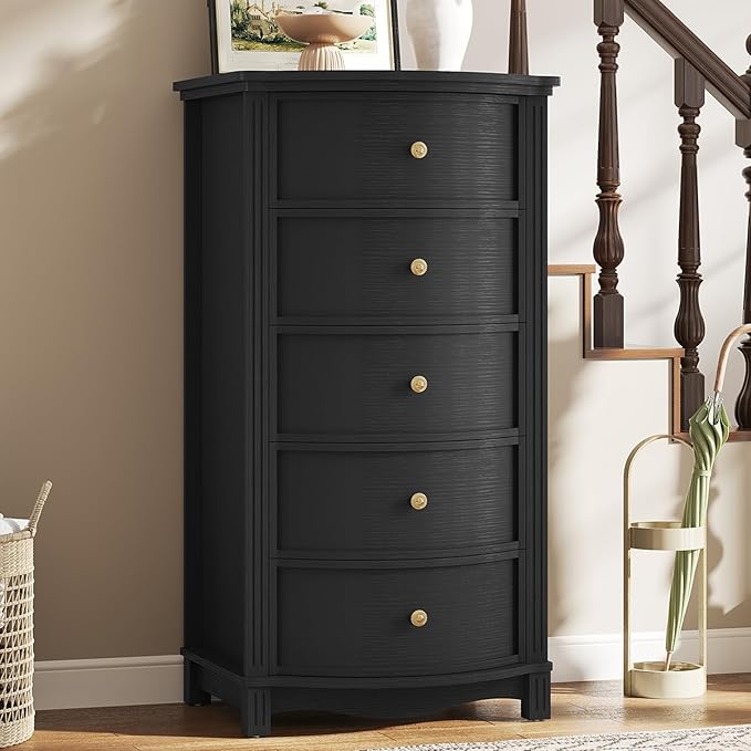 AuraCurve Tall 5-Drawer Chest, Elegant Dresser with Five Arc Fronts, Roman Column Decor, Slim Floor Standing Storage Cabinet, 48.6x23.6x15.7 Inches(Black, 5 Drawer)
