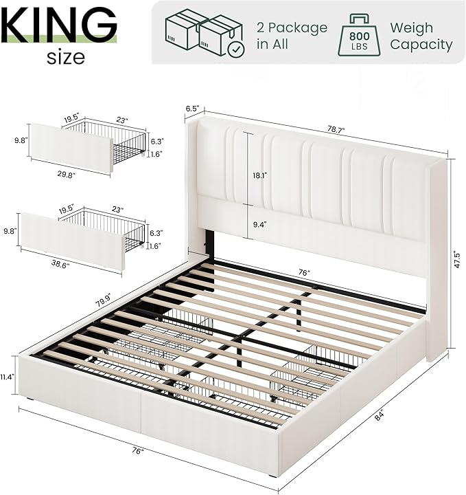 LARMACE King Size Bed Frame with 4 Storage Drawers and Wingback Headboard Linen Upholstered Platform Bed Frame with Wooden Slats, Easy Assembly, White