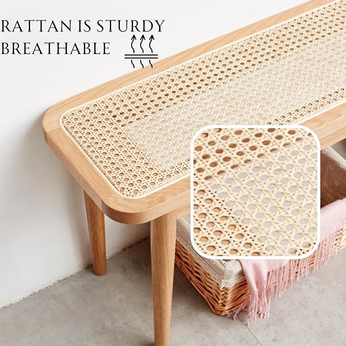 39.4'' Natural Rattan Dining Bench with 100% Solid Oak Wood Bench Frame, Bed End Shoe Ottoman for Kitchen Bedroom Entryway, Natural Oak