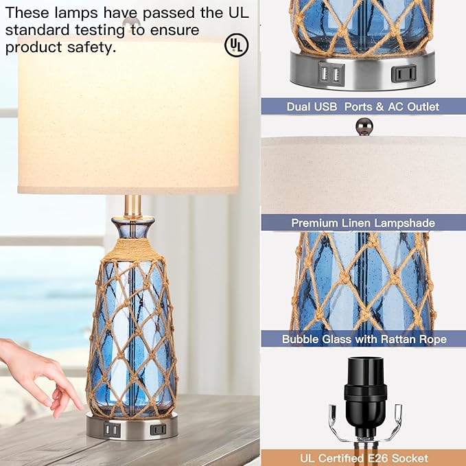 Coastal Glass Table Lamps, 3-Way Dimmable Touch Control Bedside Lamps with 2 USB Ports and AC Outlet, Blue Nautical Nightstand Lamps for Bedroom Living Room (LED Bulbs Included)