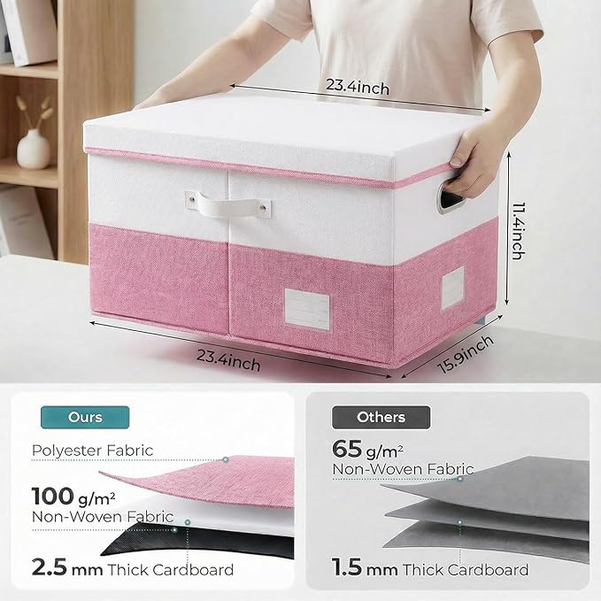 PRANDOM Collapsible Storage Bins with Lids [3-Pack] Linen Fabric Foldable Storage Boxes Organizer Containers Baskets Cubes with Cover for Bedroom Closet Nursery Pink&White (23.4X15.9X11.4)