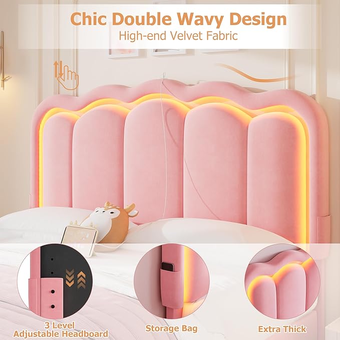 Velvet Upholstered Queen LED Bed Frame with 2 Storage Drawers and Adjustable Chic Double Wavy Headboard, Princess Platform Bed with Charing Station, Solid Wood Slats Support,No Box Spring Needed,Pink
