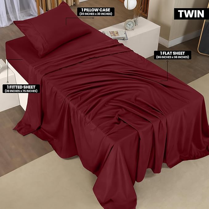 Utopia Bedding Twin Sheet Set – 3 Piece Bed Sheets for Twin Size Bed, Soft and Breathable Microfiber, Includes 1 Fitted Sheet, 1 Flat Sheet and 1 Pillowcase (Burgundy)