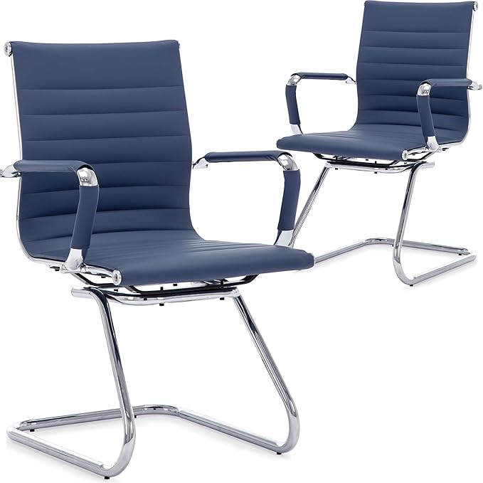 Wahson Office Guest Chairs Set of 2, Leather Reception Chairs, Mid Back Waiting Room Chair, Conference Chairs with Sled Base, Desk Chair No Wheels for Meeting/Lobby/Restroom, Navy Blue