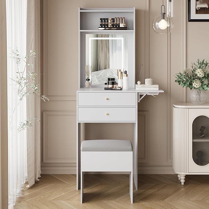 ARTETHYS Small Vanity Desk Set with 3 Adjustable Lighted Mirror and Storage Chair Mini Makeup Vanities Set for Compact Space White Dressing Table with Fold-up Panel for Bedroom