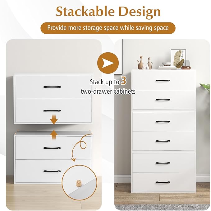 Giantex Stackable 2-Drawer Dressers for Bedroom - Short Dresser Two Drawer Storage Cabinet w/Handles & Anti-Topping Device, Small Dresser Chest of 2 Drawers for Closet Bedroom (2, White)