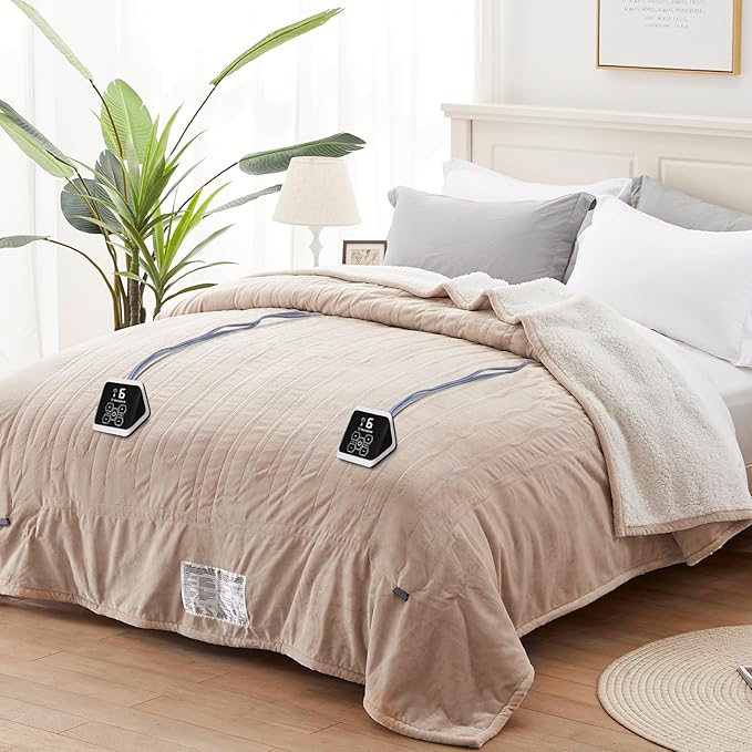 Westinghouse Heated Blanket King Size, Soft Flannel to Sherpa Electric Blanket with 10 Heating Levels, 1-12 Hours Auto Shut Off, Fast Heating, Machine Washable, 100x90 Inch, Beige
