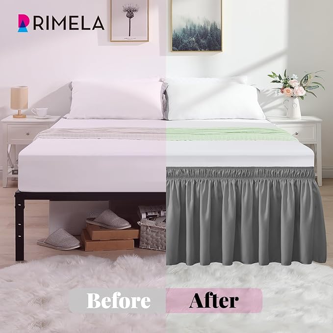 RIMELA Gray Queen Bed Skirt 12 Inch Drop,Elastic Bed Skirts Queen Size Dust Ruffle, Light Grey Bedskirt for Adjustable Bed Base Solid Fade Resistant Silky Fabric Machine Washable Easy to Install